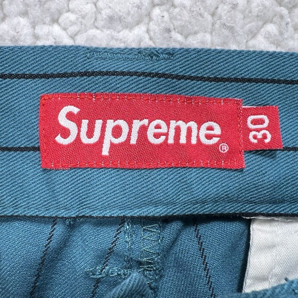 Supreme Striped Chino Work Pants Men's 30x26 Teal‎ Raw Hem  Cropped Streetwear - Picture 6 of 13